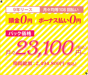 9年リース　月々均等108回払い　頭金0円　ボーナス払い0円　パック価格　月々22,880円（税込）～